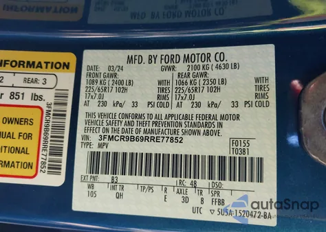 2024 Ford Bronco Sport Big Bend z USA, uszkodzony, nr VIN 3FMCR9B69RRE77852